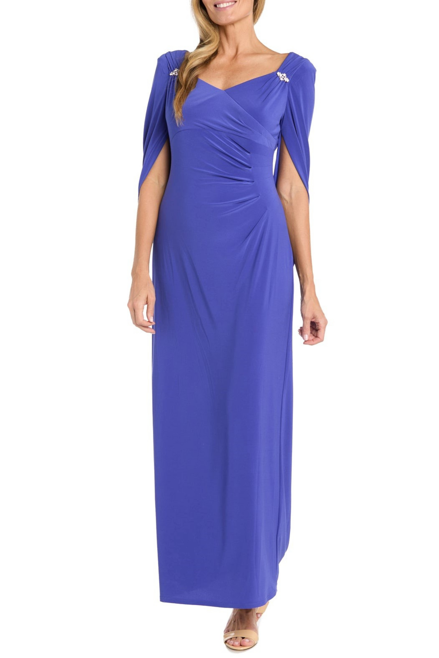 RM Richards Draped Shawl Sleeve Long Evening Dress