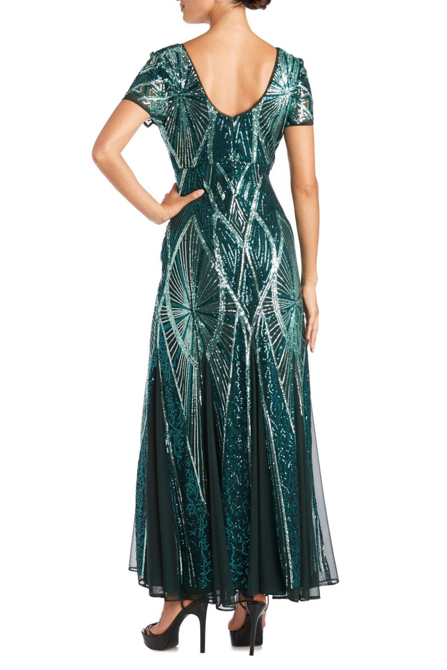 RM Richards Short Sleeve Sequined Evening Gown