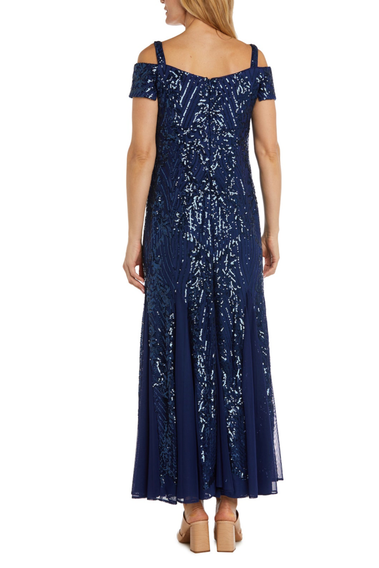 RM Richards Cold Shoulder Sequined Evening Dress