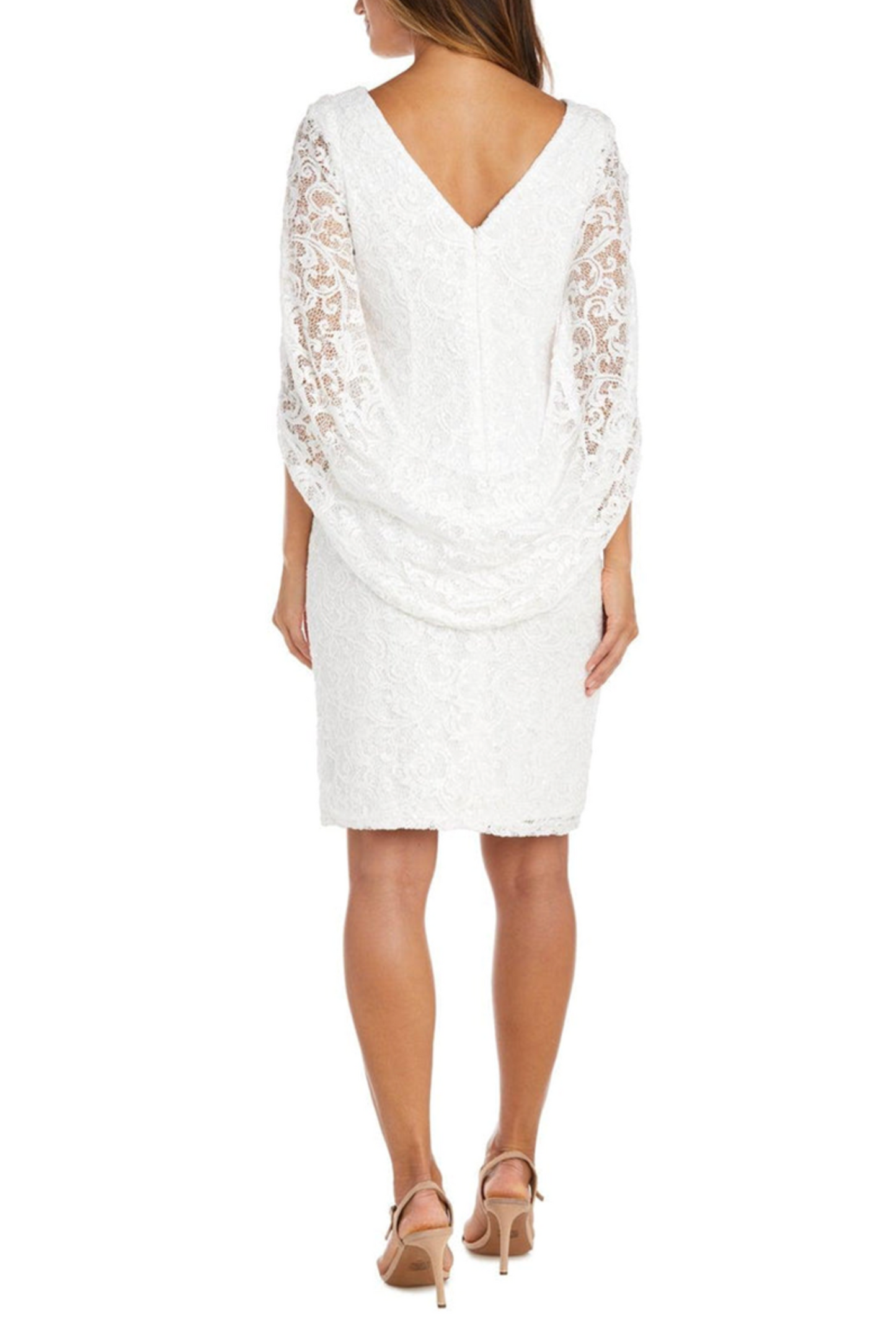 RM Richards Draped-Sleeve Sequined Lace Dress
