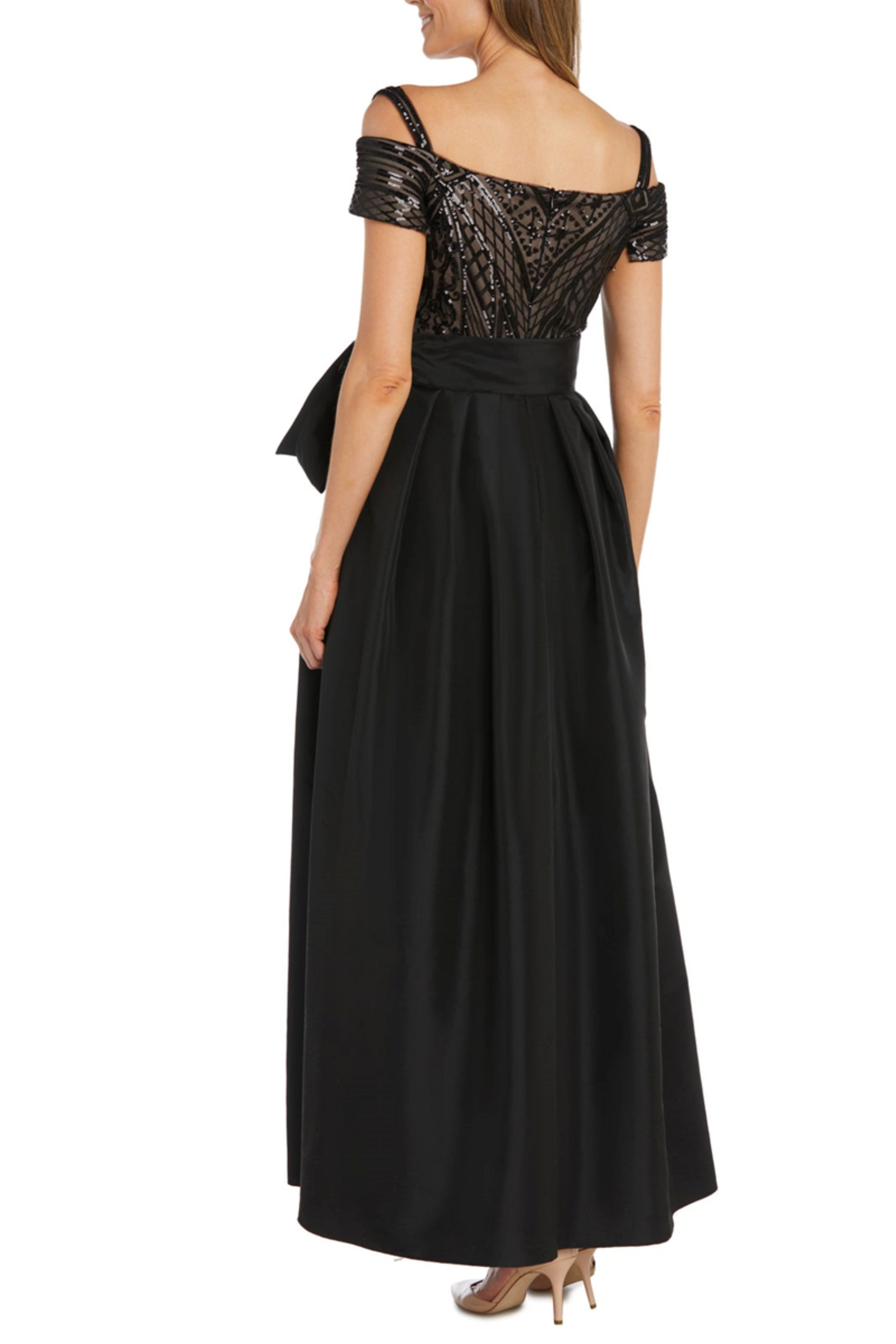 RM Richards Cold Shoulder Sequined Evening Dress
