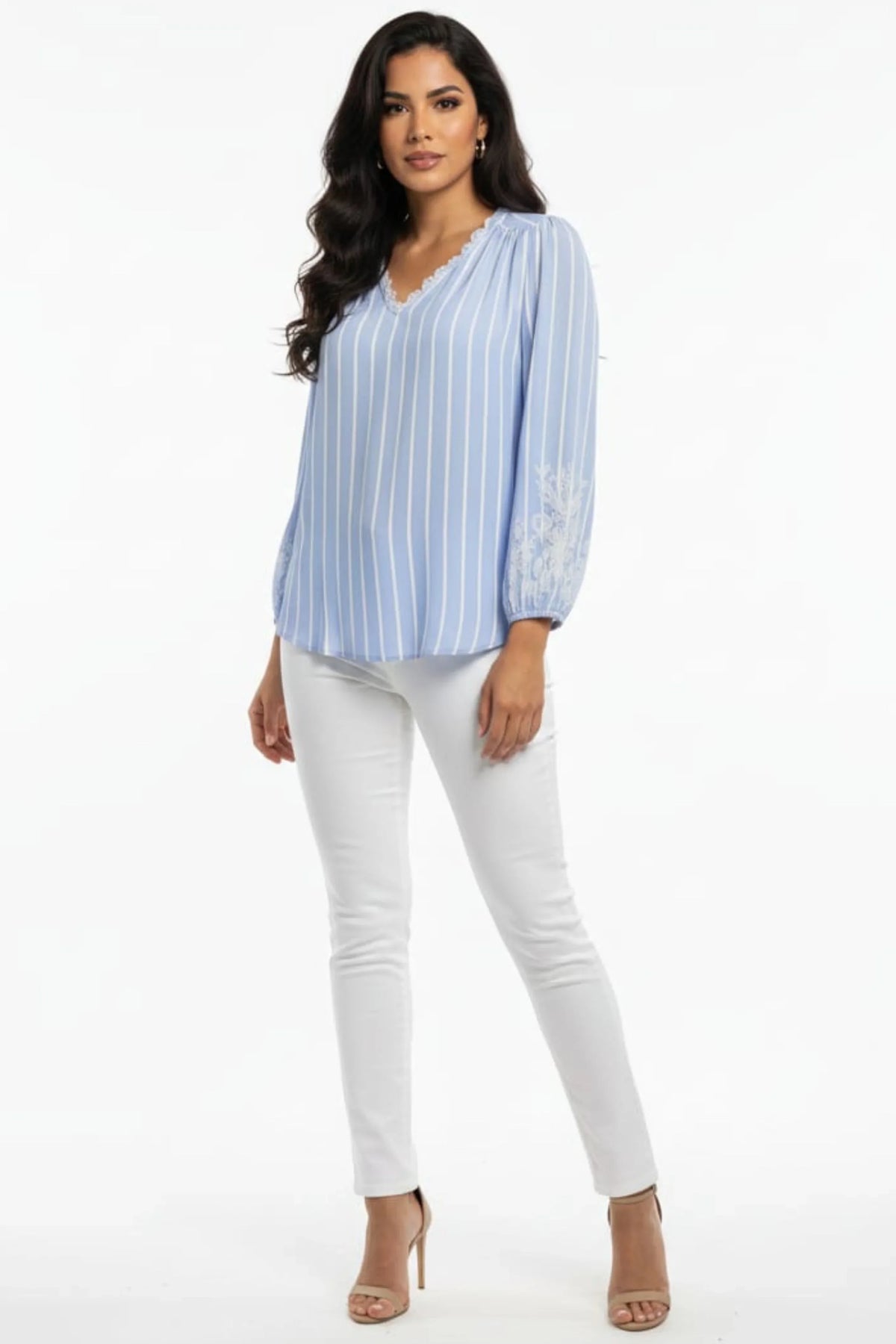 Hester & Orchard Blue White Striped Embroidered V-Neck Blouse