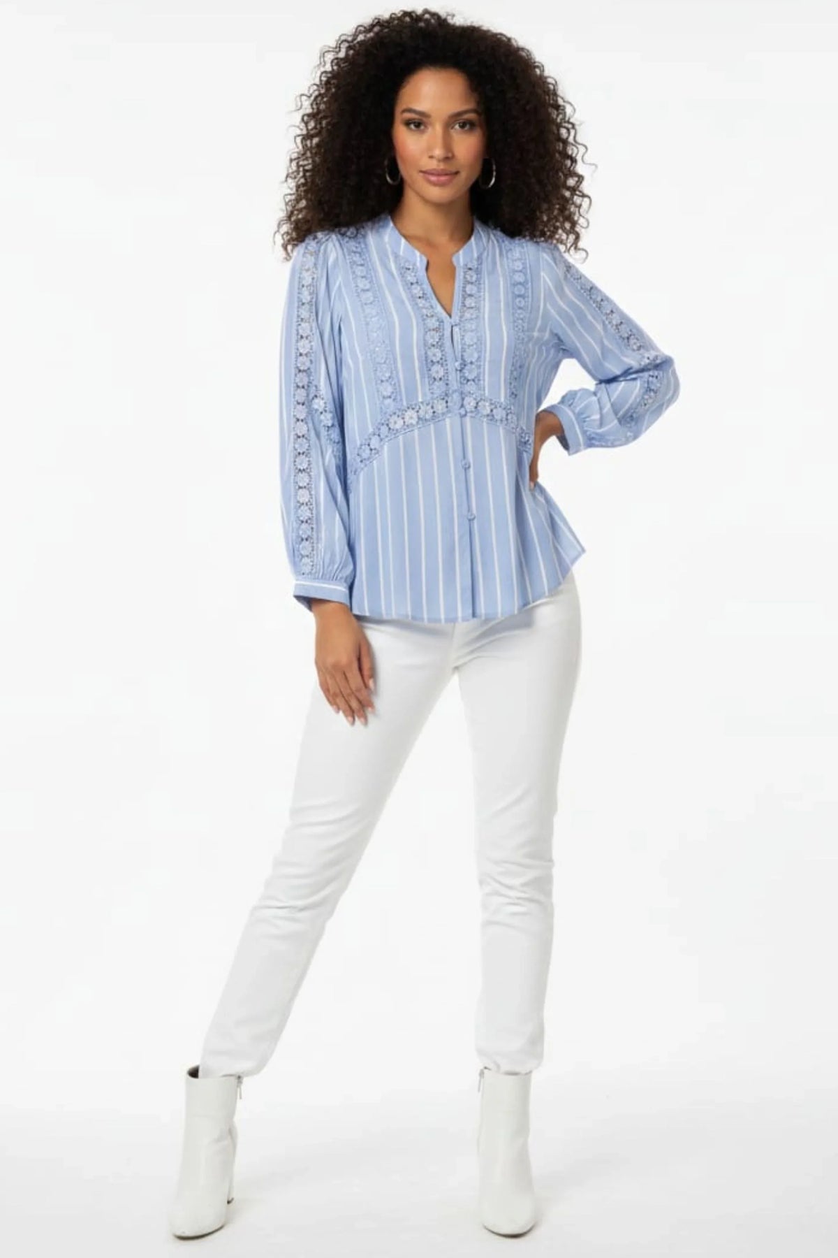 Hester & Orchard Blue Striped Lace-Detail Split Neck Blouse