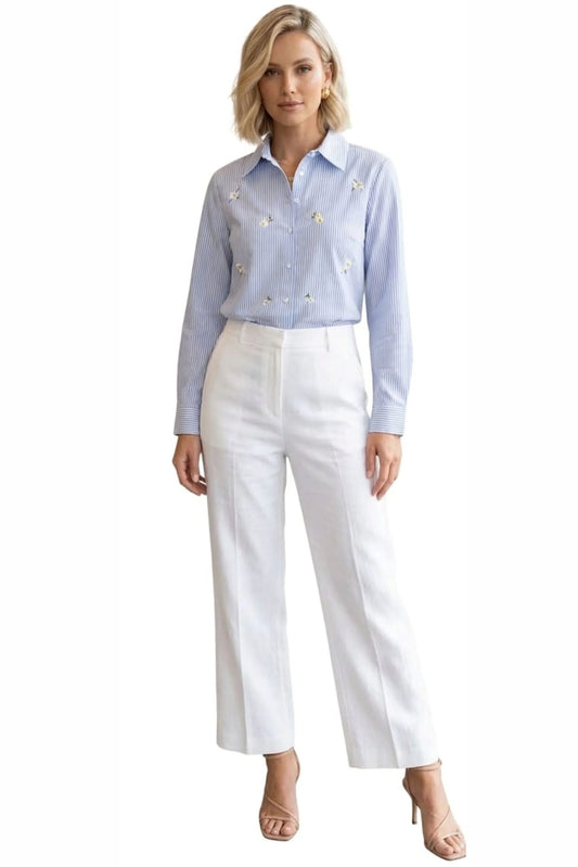 Grand & Greene Daisy Embroidered Striped Button-Down Shirt