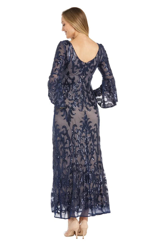 RM Richards Navy Nude Sequin Long Evening Dress