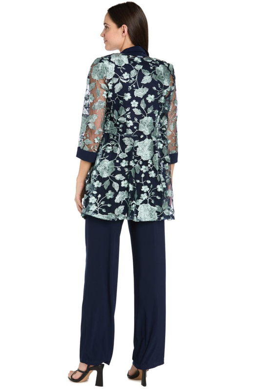 R&M Richards Navy & Sage Floral Embroidered 3-Piece Formal Pant Set