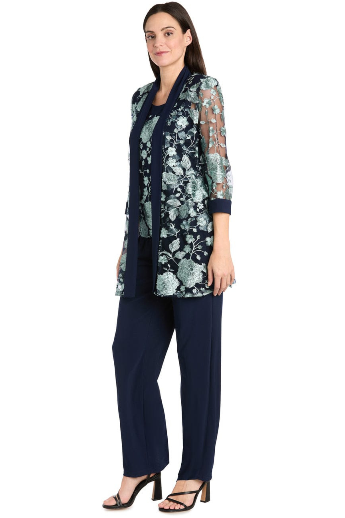 R&M Richards Navy & Sage Floral Embroidered 3-Piece Formal Pant Set