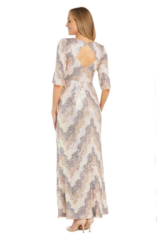 R&M Richards Chevron Sequin Gown in Champagne Multi