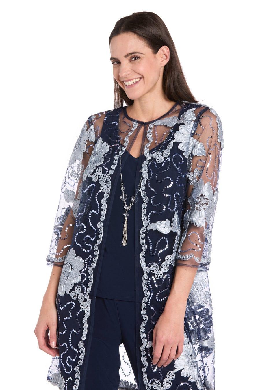 R&M Richards Embroidered Three-Piece Pant Set in Navy Slate