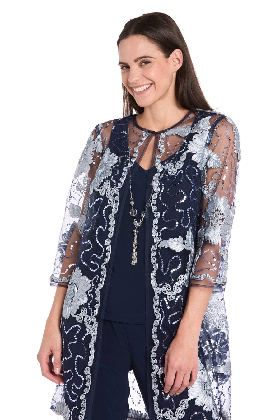 R&M Richards Embroidered Three-Piece Pant Set in Navy Slate