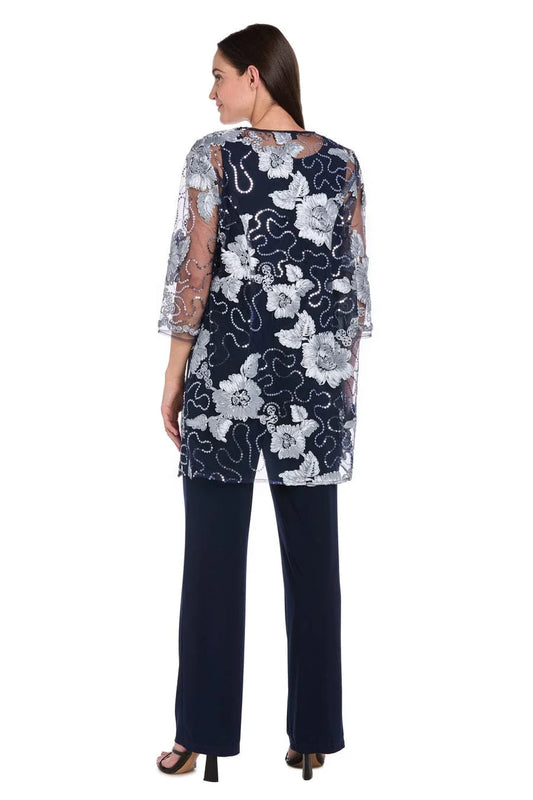 R&M Richards Embroidered Three-Piece Pant Set in Navy Slate