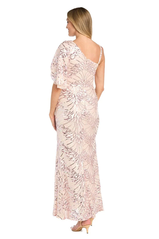 R&M Richards One-Shoulder Sequin Starburst Gown in Blush