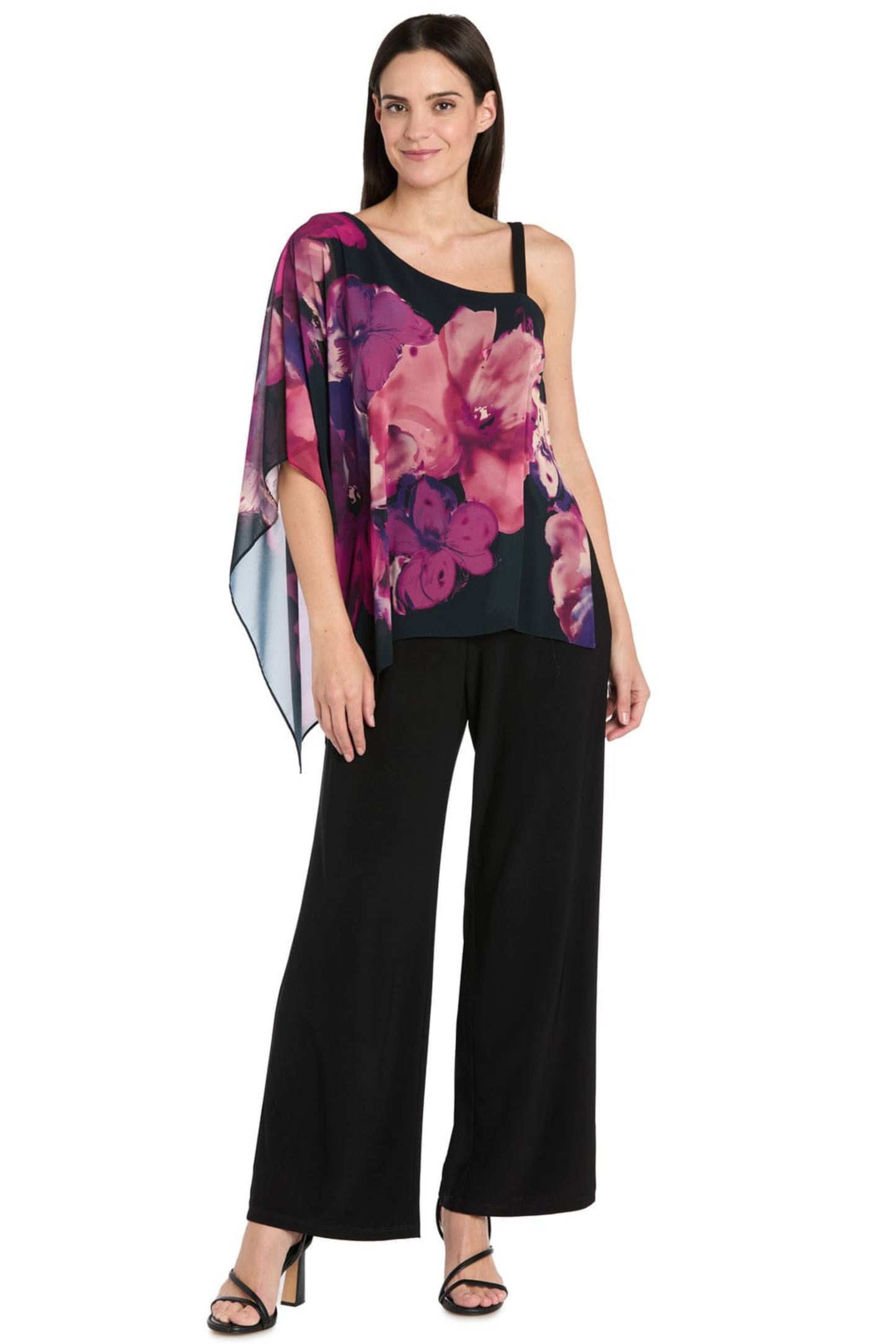 R&M Richards Black Plum Berry Floral One-Shoulder Cape Jumpsuit