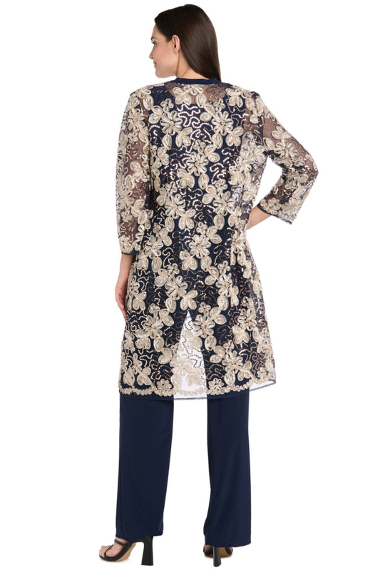 R&M Richards Navy & Gold Embroidered Duster 3-Piece Formal Pant Set