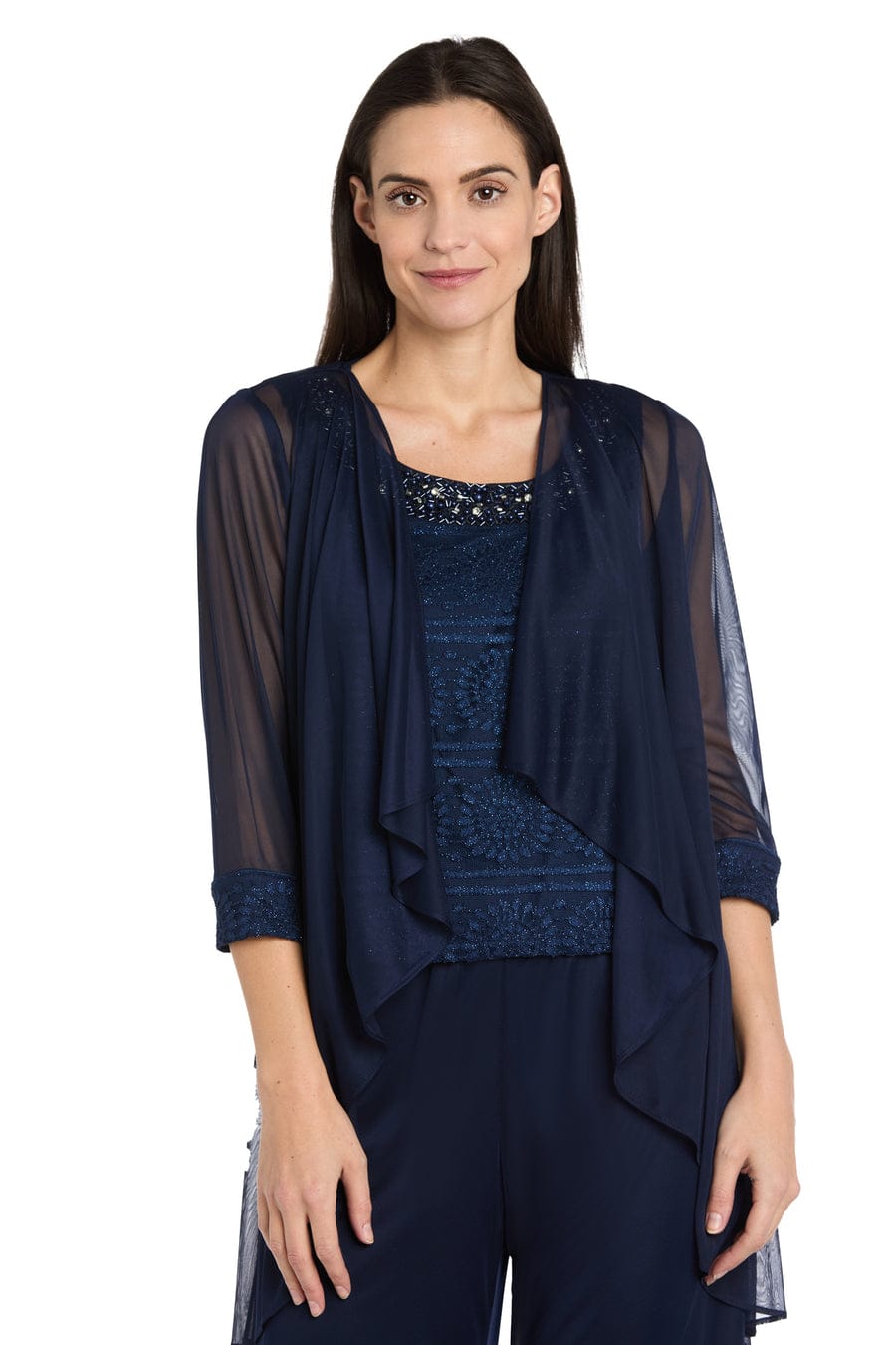 R&M Richards Three-Piece Lace & Chiffon Evening Pant Set