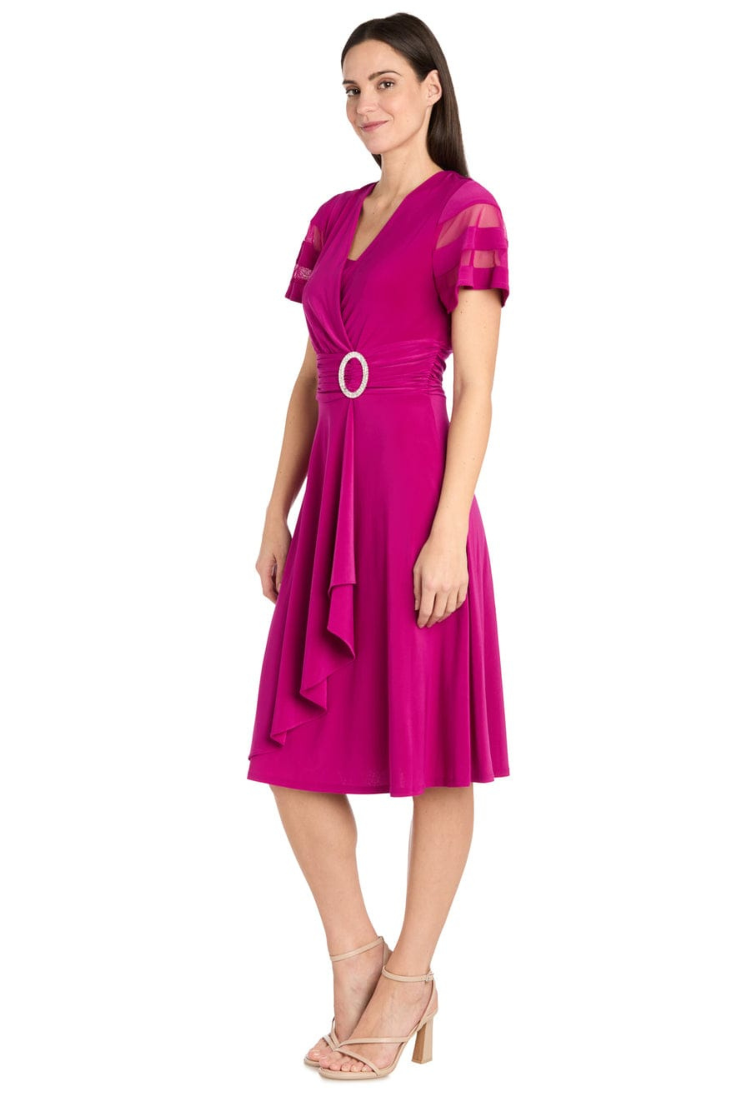 R&M Richards Rhinestone Buckle Ruffled Cocktail Dress