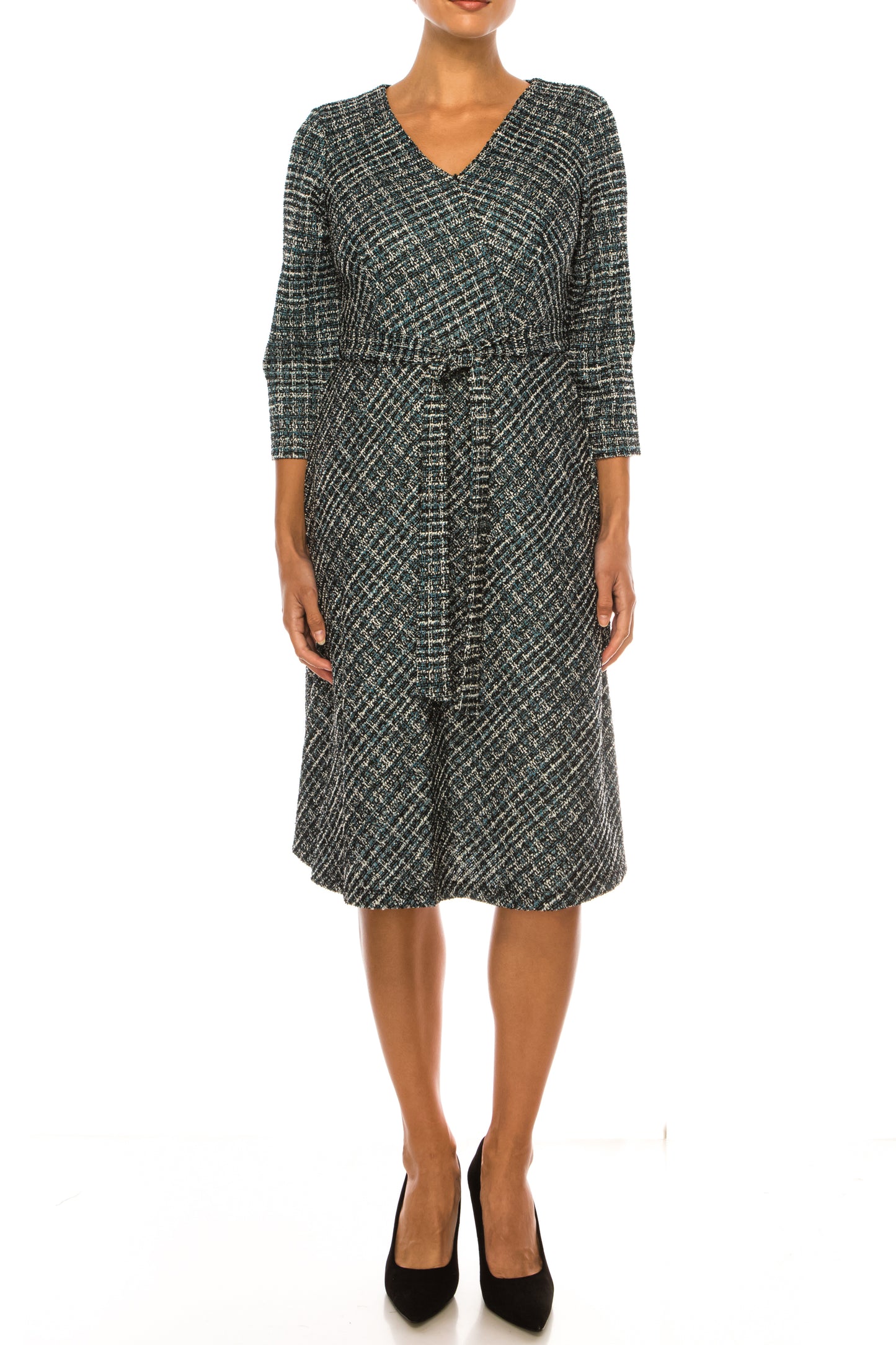 Shelby & Palmer Tweed Belted V-Neck A-line Dress