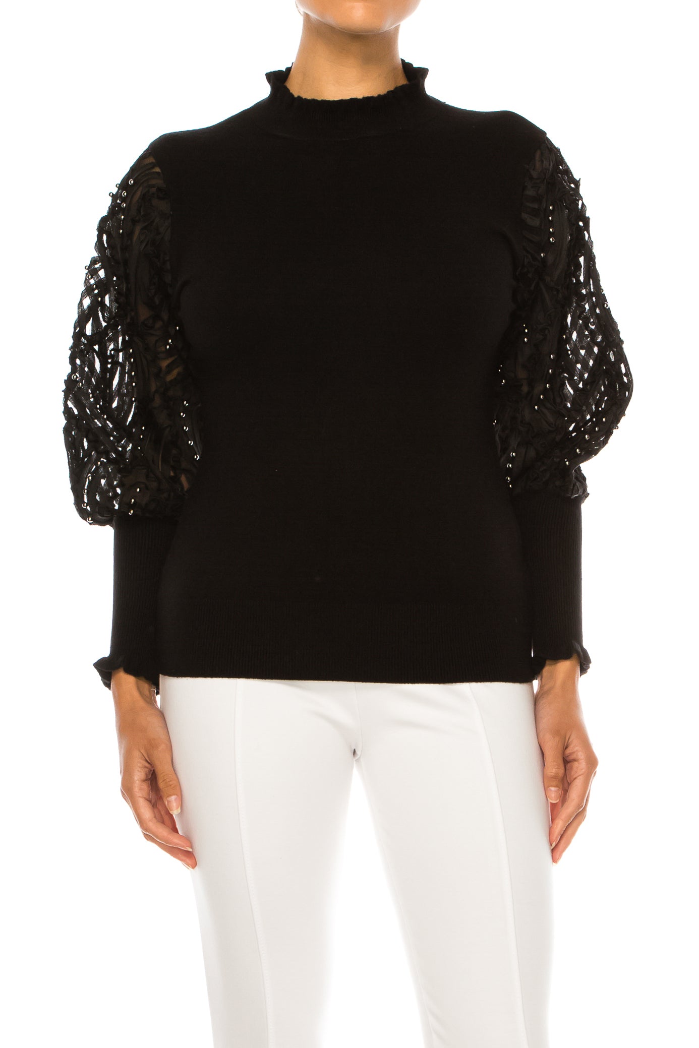 Sioni Mock Neck Soutache Sheer Long Sleeve Sweater