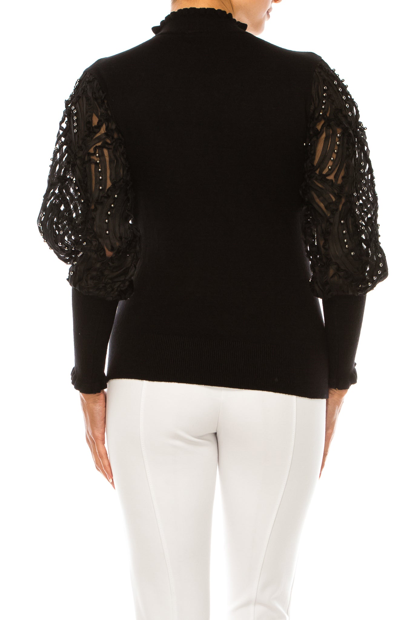 Sioni Mock Neck Soutache Sheer Long Sleeve Sweater