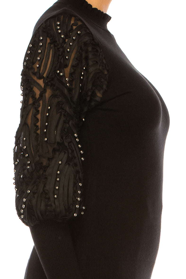 Sioni Mock Neck Soutache Sheer Long Sleeve Sweater