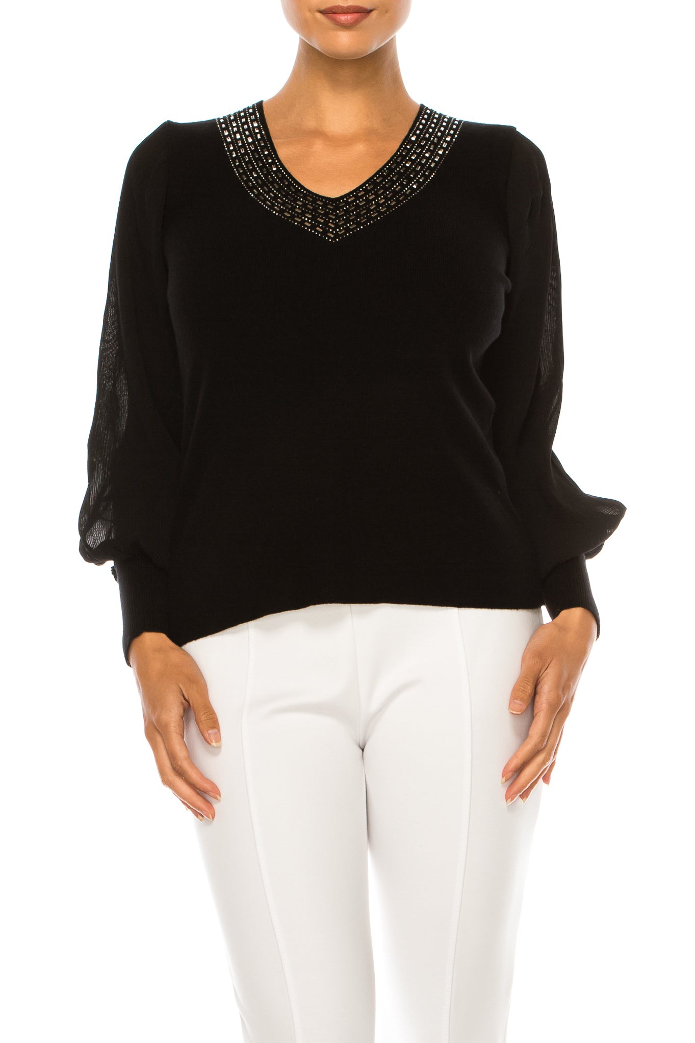 Sioni Embellished V-Neck Long Sleeve Sweater