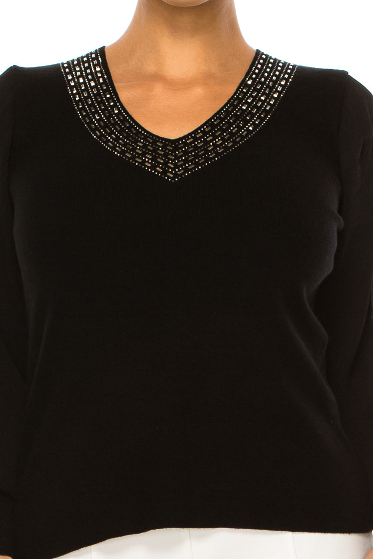 Sioni Embellished V-Neck Long Sleeve Sweater