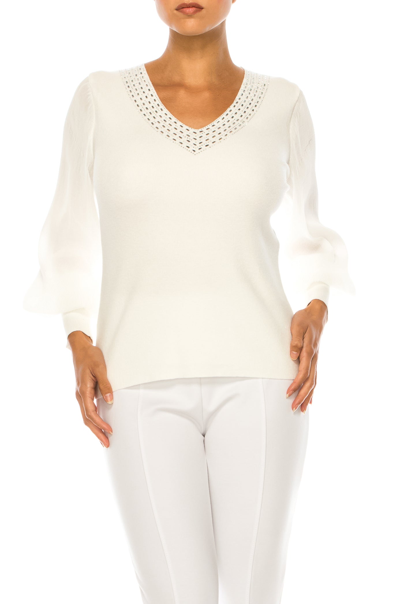 Sioni Embellished V-Neck Long Sleeve Sweater