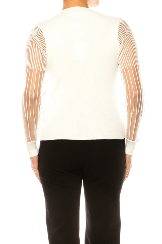 Sioni Ribbed Sheer Embellished Cord Sleeve Sweater