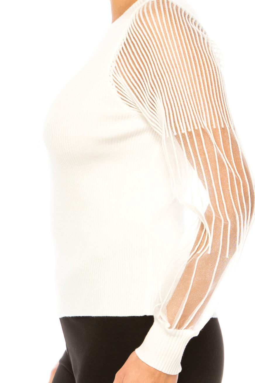 Sioni Ribbed Sheer Embellished Cord Sleeve Sweater