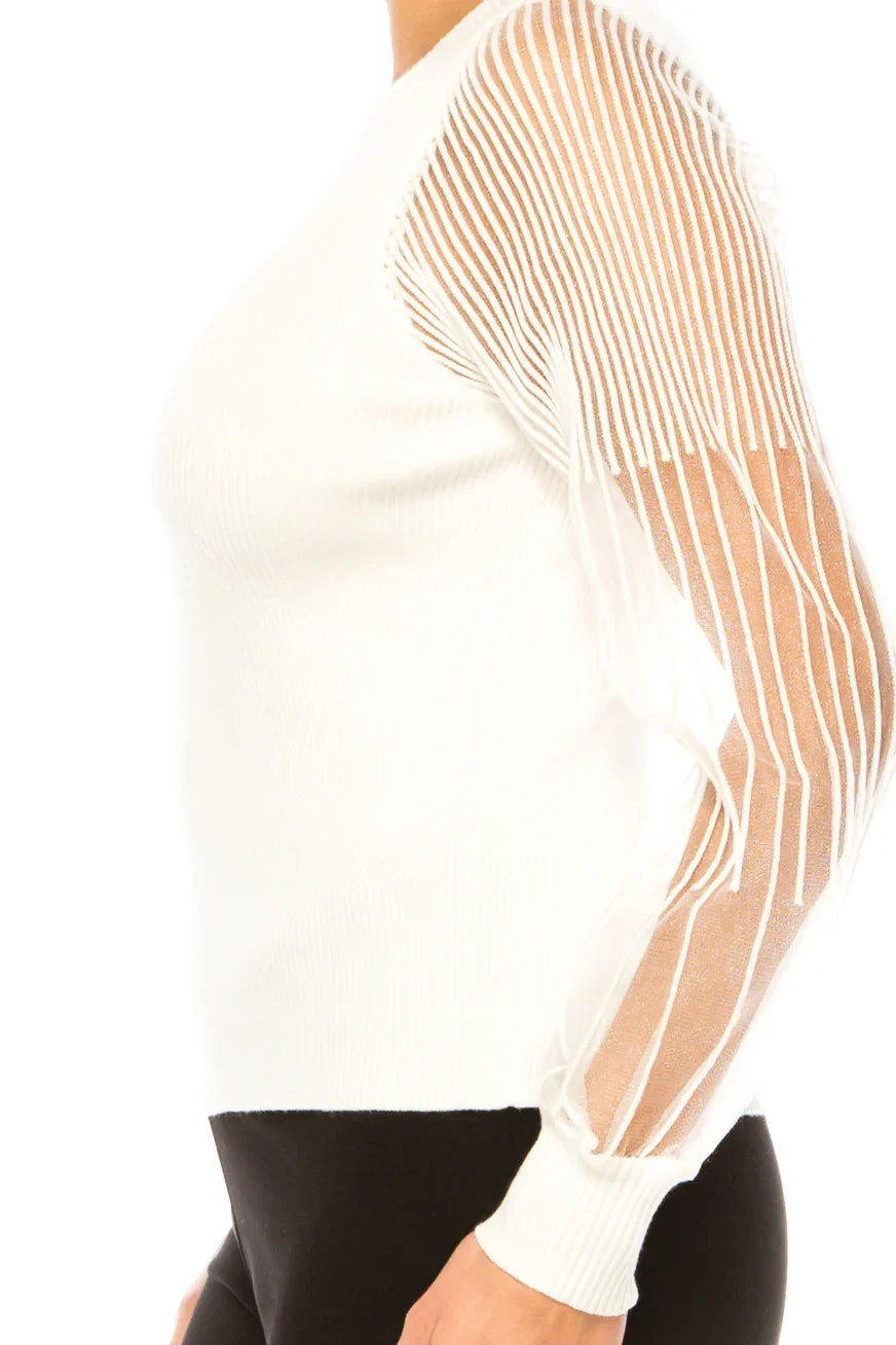 Sioni Ribbed Sheer Embellished Cord Sleeve Sweater