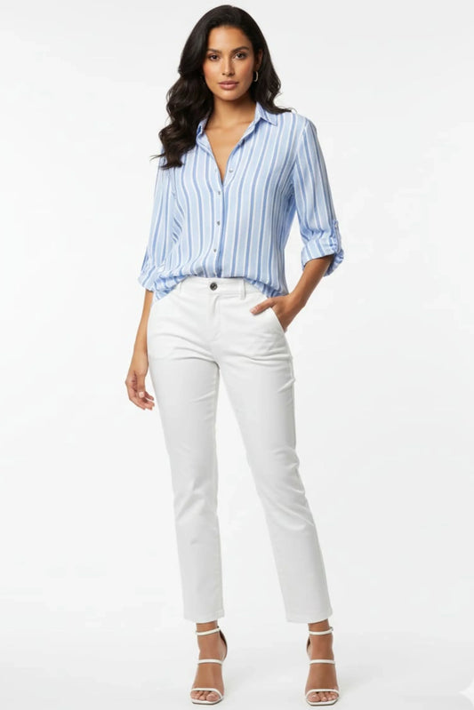 Grand & Greene Blue White Striped Heart-Button Blouse