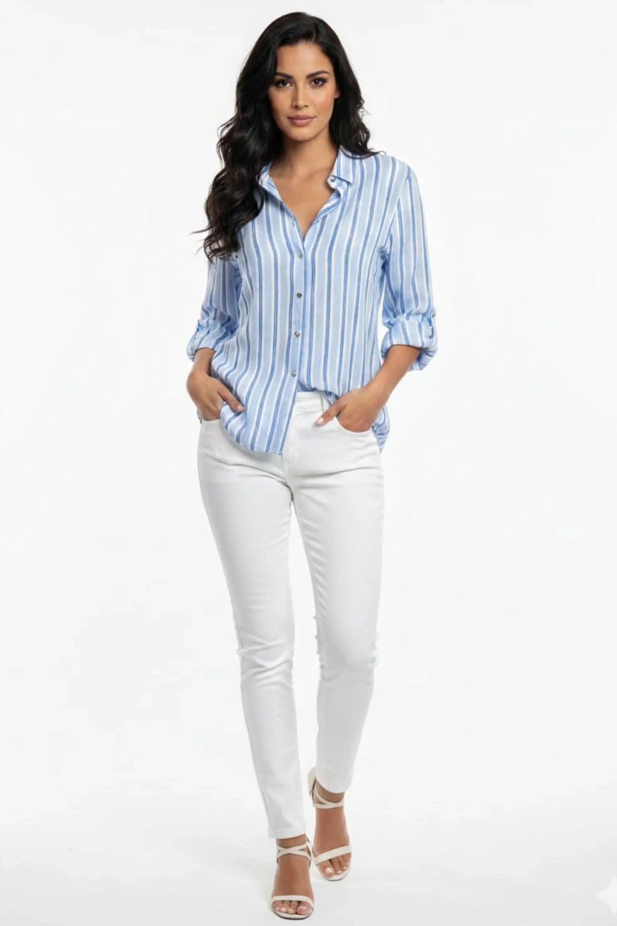 Grand & Greene Blue White Striped Heart-Button Blouse
