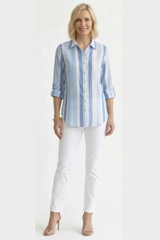 Grand & Greene Multi-Tone Blue Striped Roll-Tab Blouse