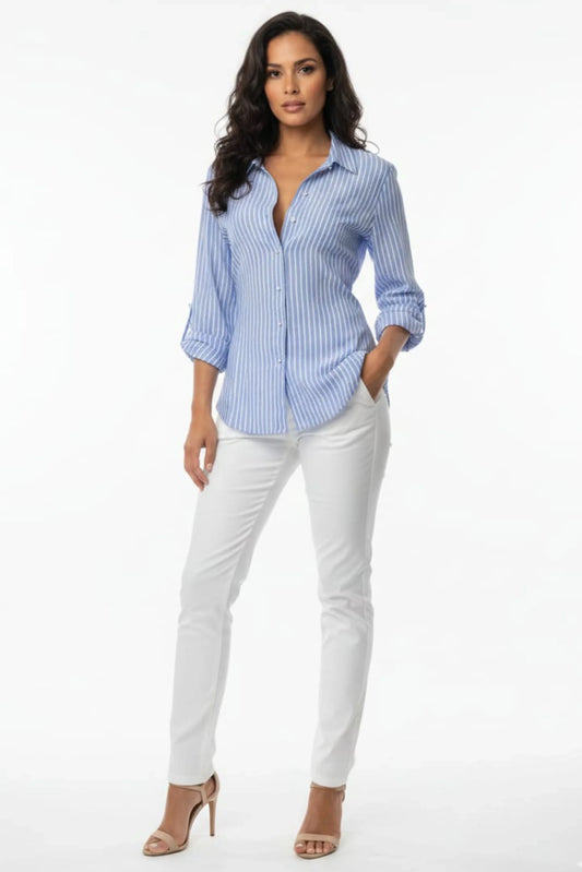 Grand & Greene Pearl-Accent Striped Roll-Tab Blouse
