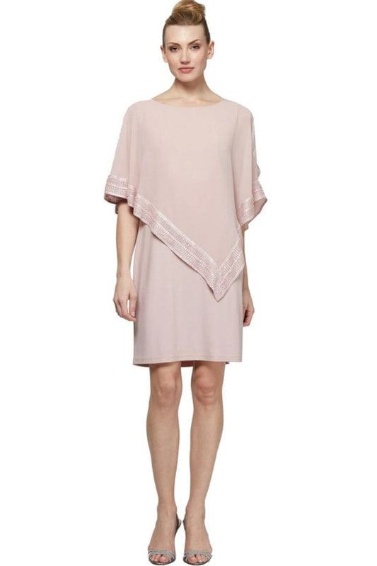 SLNY Attached Chiffon Cutout Cape Overlay Short Evening Dress