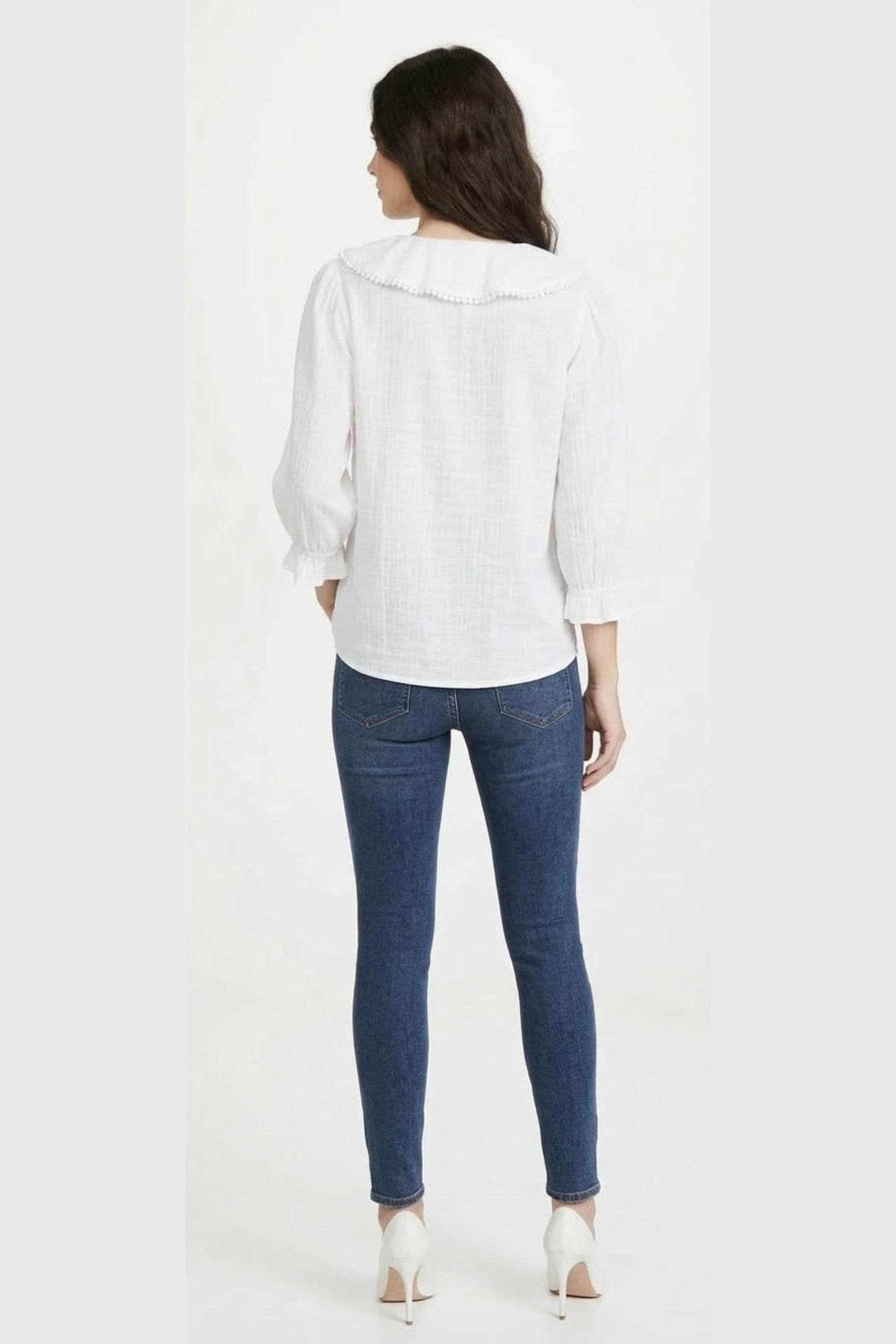 Grand & Greene Pom-Pom Trim Ruffle Blouse