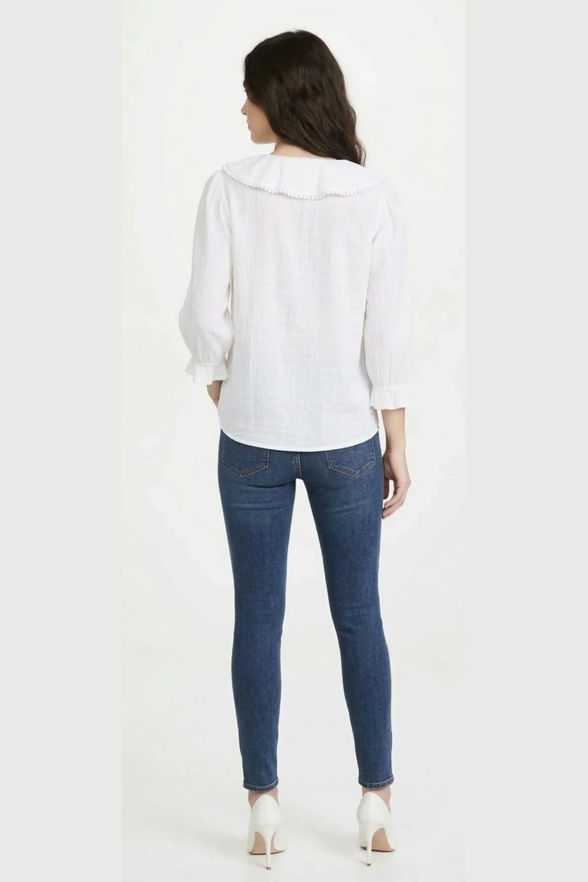 Grand & Greene Pom-Pom Trim Ruffle Blouse