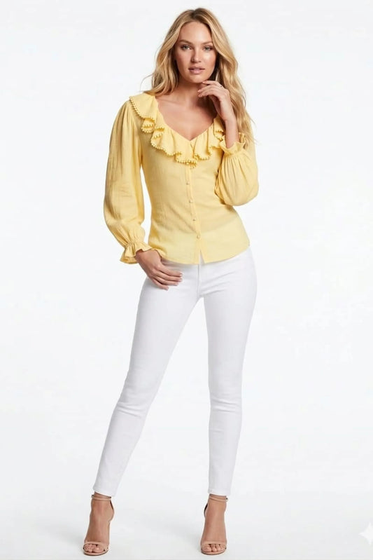 Grand & Greene Pom-Pom Trim Ruffle Blouse