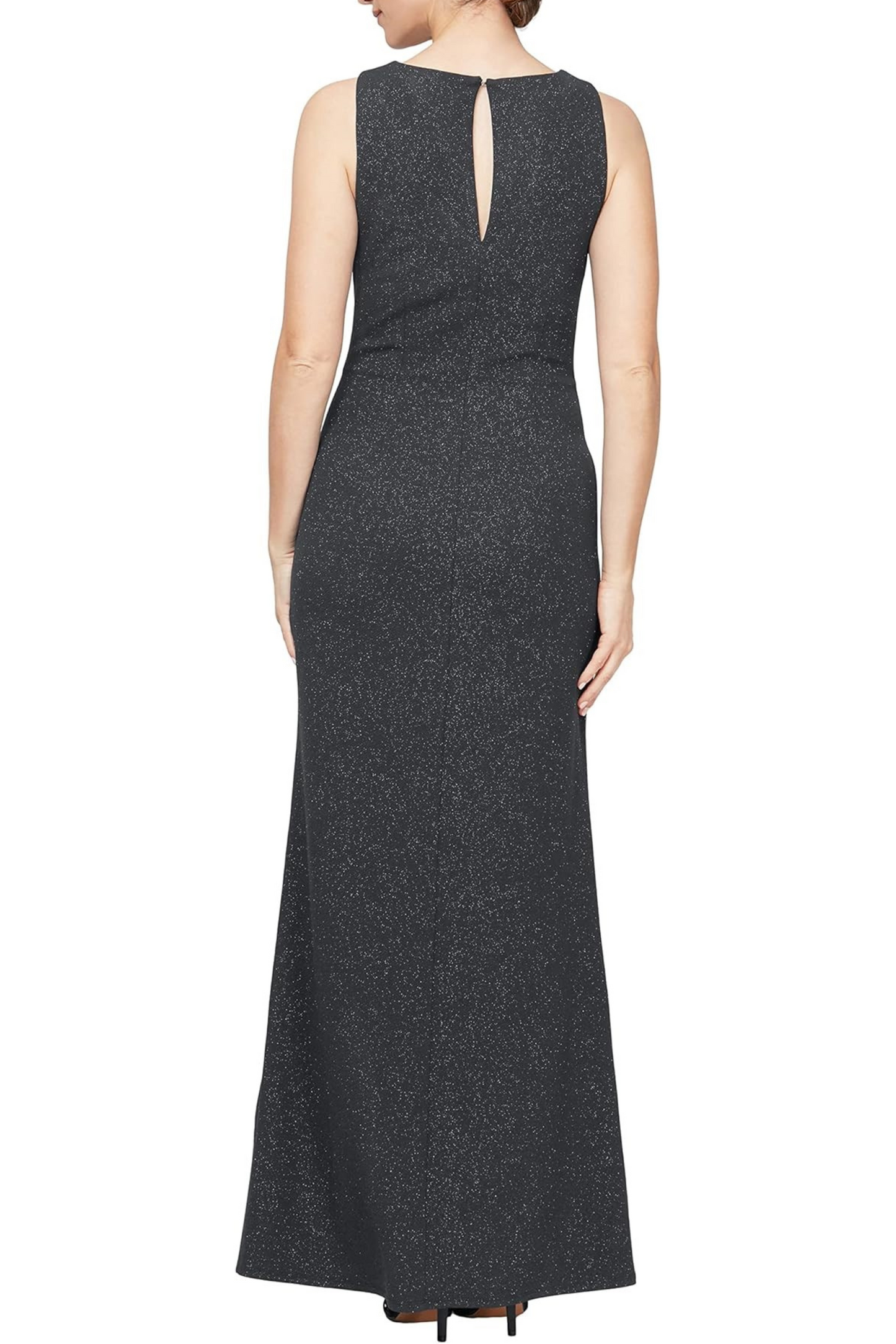 SLNY Metallic Sleeveless Ruched Long Evening Dress