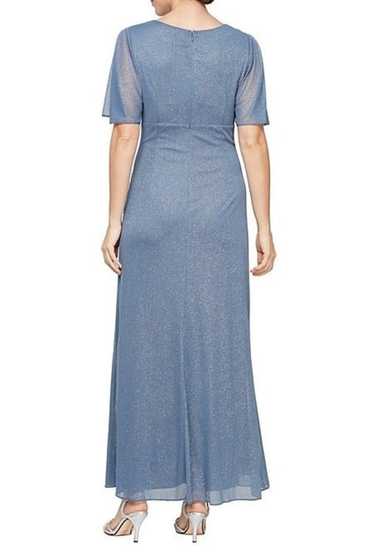 SLNY Short-Sleeve Metallic Long Evening Dress