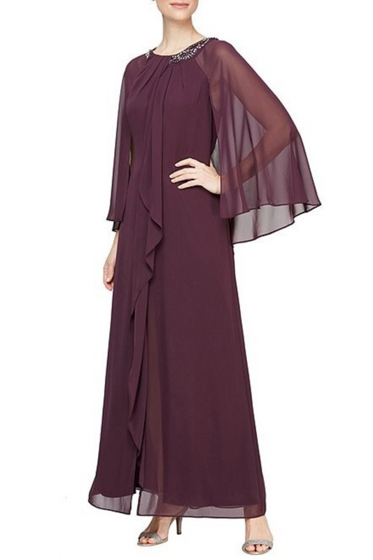 SLNY Capelet Sleeve Beaded Neck Long Evening Dress