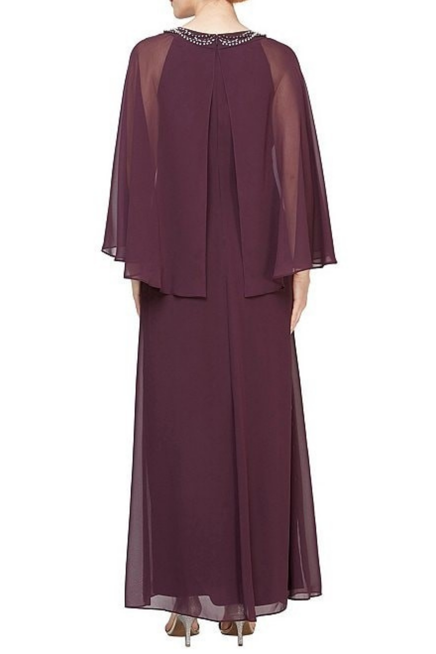 SLNY Capelet Sleeve Beaded Neck Long Evening Dress