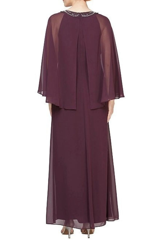 SLNY Capelet Sleeve Beaded Neck Long Evening Dress