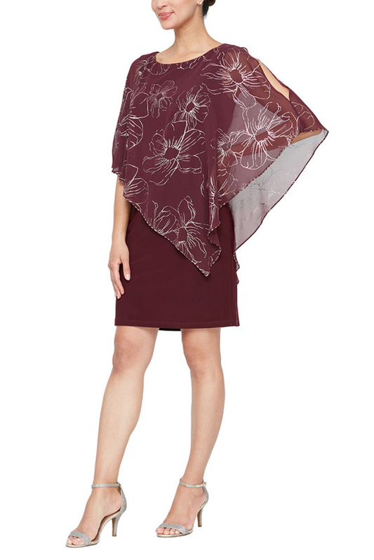 SLNY Floral Metallic Capelet Short Evening Dress
