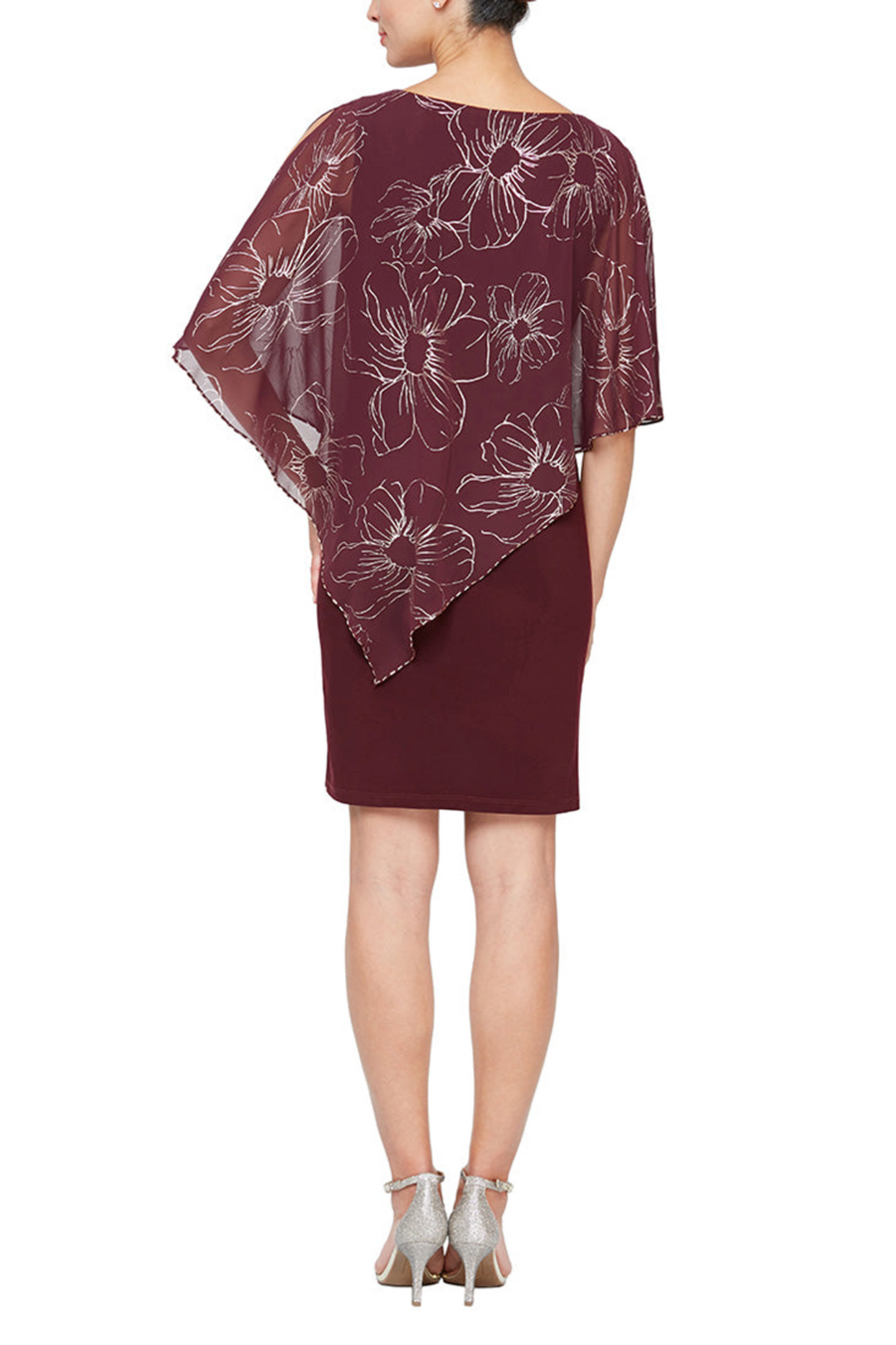 SLNY Floral Metallic Capelet Short Evening Dress