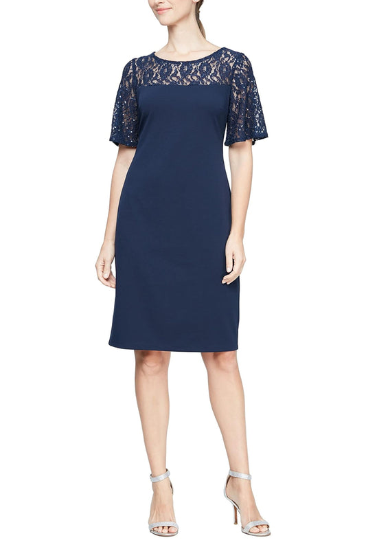 SLNY Sequined Short Lace Sleeve Sheath Dress