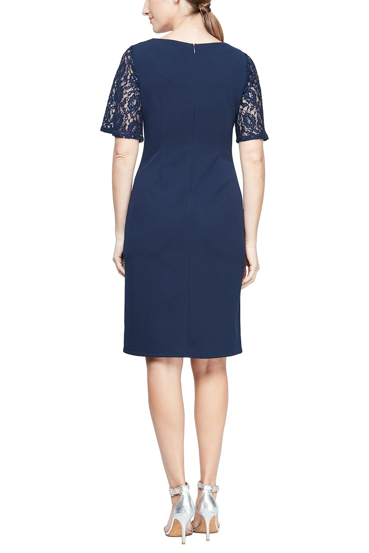 SLNY Sequined Short Lace Sleeve Sheath Dress