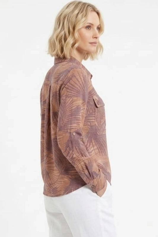 Zac & Rachel Burnt Henna Wine Palms V-Neck Flutter-Sleeve Blouse