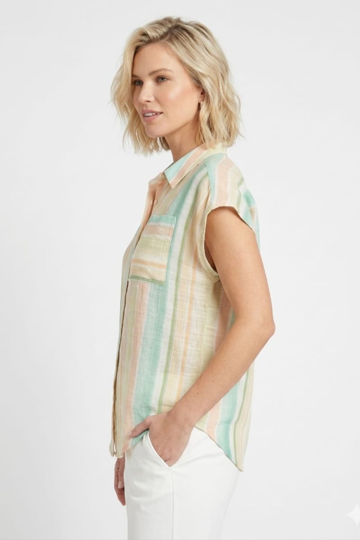Zac & Rachel Simply Green Multi-Pink Striped Button-Down Blouse