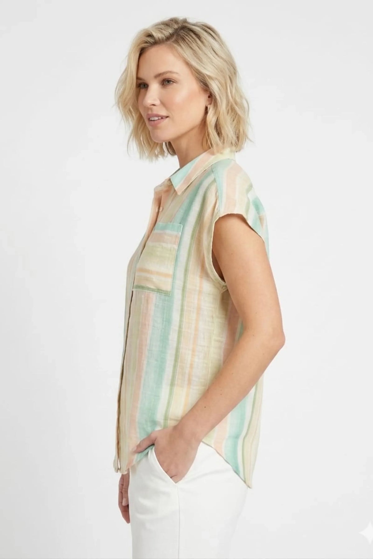 Zac & Rachel Simply Green Multi-Pink Striped Button-Down Blouse